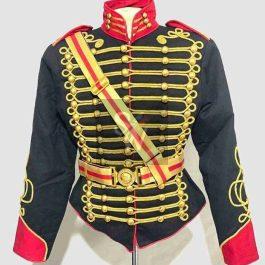 Men’s Black Gold Braiding Hussar Officers Black Red jacket,Mens Fashion Military Style Jacket,Accessories(belt)