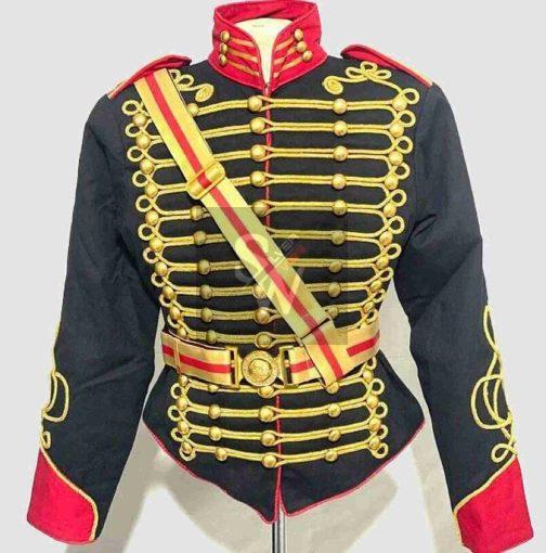 Men's Black Gold Braiding Hussar Officers Black Red jacket,Mens Fashion Military Style Jacket,Accessories(belt)