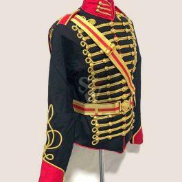 Men’s Black Gold Braiding Hussar Officers Black Red jacket,Mens Fashion Military Style Jacket,Accessories(belt)