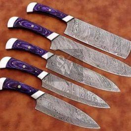 5 Pieces Damascus Custom Handmade BBQ, Kitchen, Chef Knives Block Set
