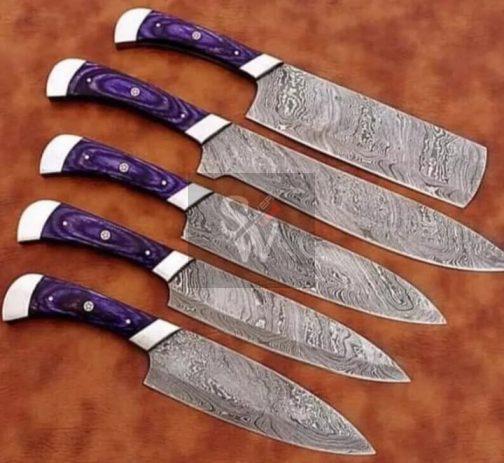 5 Pieces Damascus Custom Handmade BBQ, Kitchen, Chef Knives Block Set