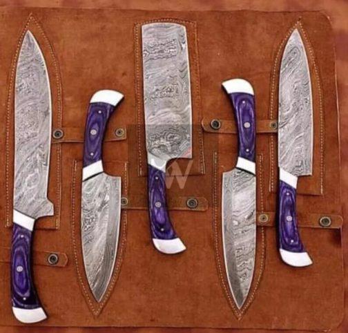 5 Pieces Damascus Custom Handmade BBQ, Kitchen, Chef Knives Block Set - Image 4